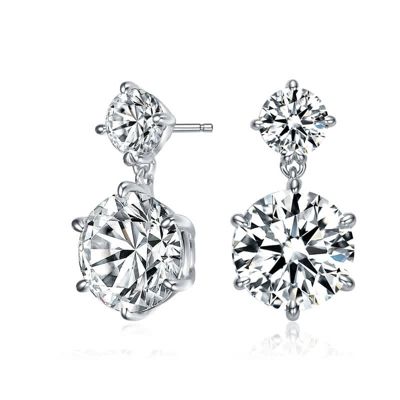 Rozzato Lab Created Sterling Silver White Gold Plated with Clear Round Cubic Zirconia Two Stone Drop Earrings