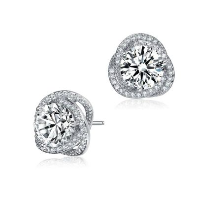 Rozzato Lab Created Sterling Silver with Rhodium Plated Clear Round Cubic Zirconia Swirl Halo Stud Earrings, White