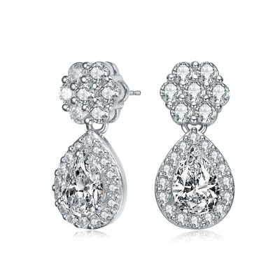 Rozzato Lab Created Sterling Silver White Gold Plated with Clear Pear & Round Cubic Zirconia Pear Drop Earrings