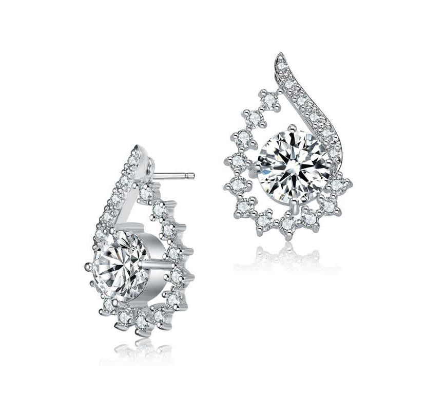 Lab Created Sterling Silver White Gold Plated with Clear Round Cubic Zirconia Pear Shape Stud Earrings