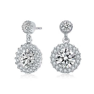 Rozzato Lab Created Sterling Silver White Gold Plated with Clear Round Cubic Zirconia Halo Tier Drop Earrings