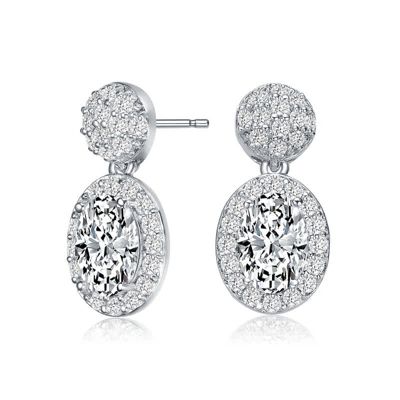 Rozzato Lab Created Sterling Silver White Gold Plated with Clear Oval & Round Cubic Zirconia Cluster Post Drop Earrings