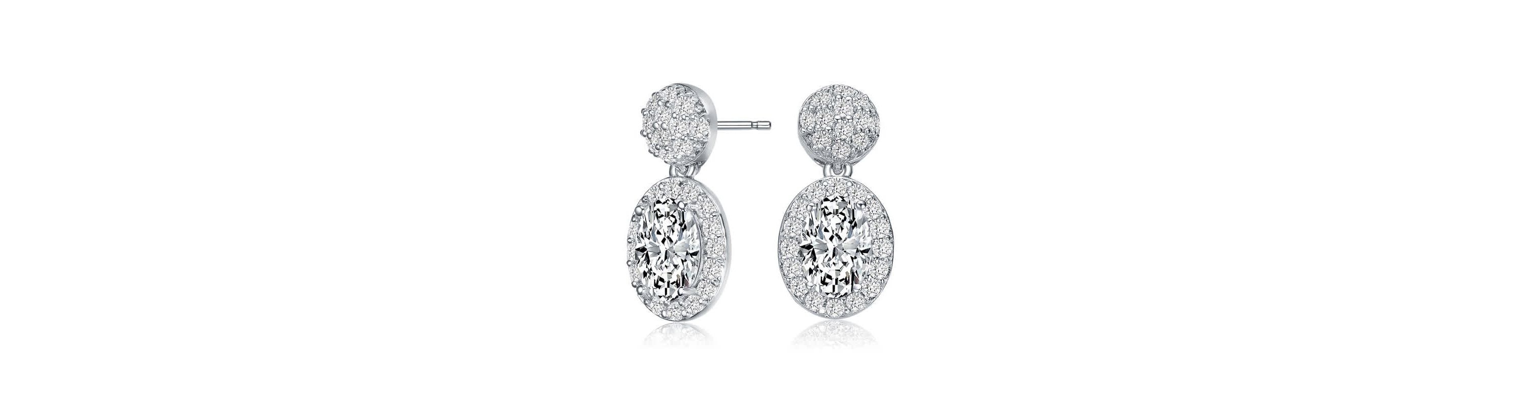 Lab Created Sterling Silver White Gold Plated with Clear Oval & Round Cubic Zirconia Cluster Post Drop Earrings