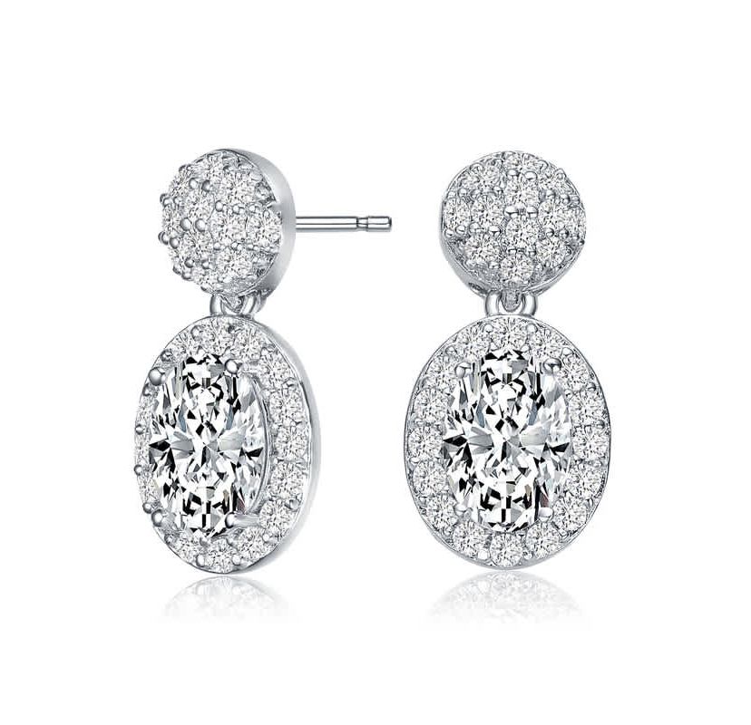 Lab Created Sterling Silver White Gold Plated with Clear Oval & Round Cubic Zirconia Cluster Post Drop Earrings