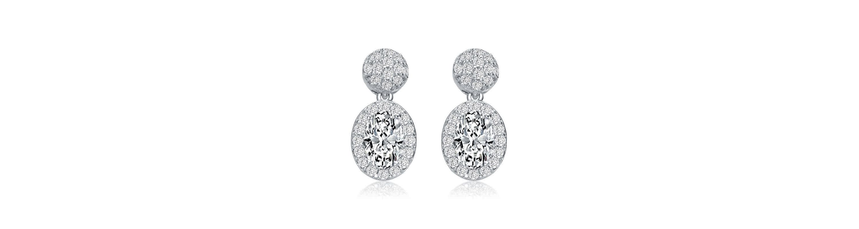 Lab Created Sterling Silver White Gold Plated with Clear Oval & Round Cubic Zirconia Cluster Post Drop Earrings