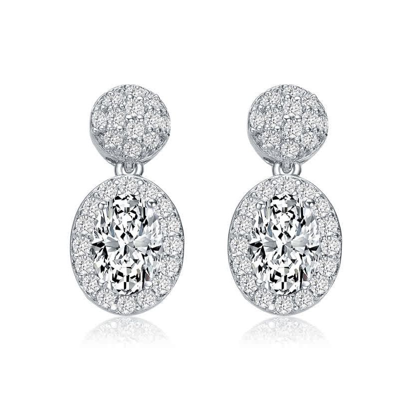 Lab Created Sterling Silver White Gold Plated with Clear Oval & Round Cubic Zirconia Cluster Post Drop Earrings