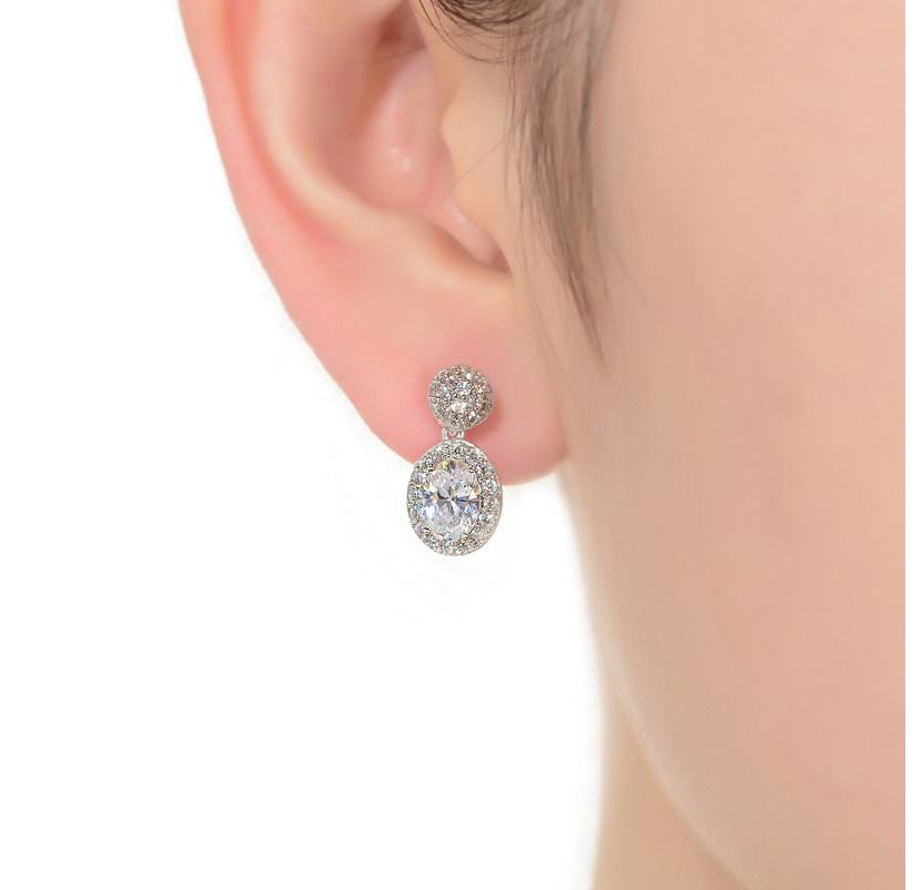 Lab Created Sterling Silver White Gold Plated with Clear Oval & Round Cubic Zirconia Cluster Post Drop Earrings