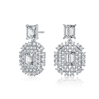 Rozzato Lab Created Sterling Silver White Gold Plated with Clear Cubic Zirconia Lace Cluster Drop Earrings