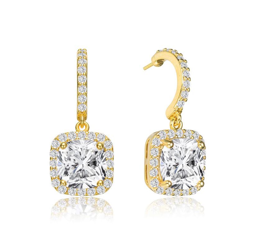 Lab Created Sterling Silver 14K Gold Plated with Clear Cubic Zirconia Halo Drop Earrings