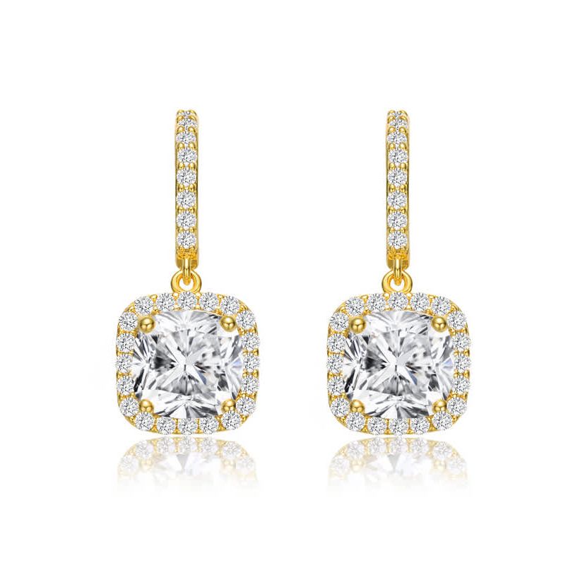 Lab Created Sterling Silver 14K Gold Plated with Clear Cubic Zirconia Halo Drop Earrings