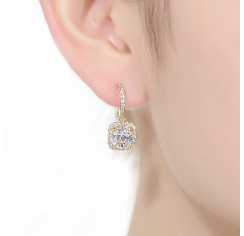 Lab Created Sterling Silver 14K Gold Plated with Clear Cubic Zirconia Halo Drop Earrings