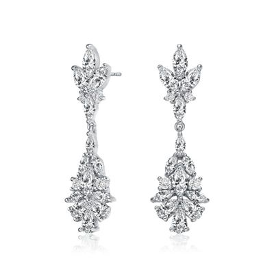 Rozzato Lab Created Sterling Silver White Gold Plated with Clear Marquise, Pear, & Round Cubic Zirconia Cluster Earrings