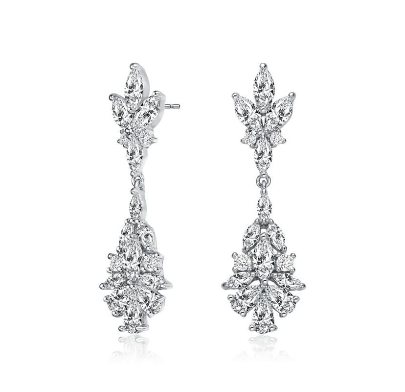 Lab Created Sterling Silver White Gold Plated with Clear Marquise, Pear, & Round Cubic Zirconia Cluster Earrings