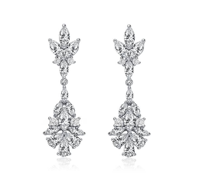 Lab Created Sterling Silver White Gold Plated with Clear Marquise, Pear, & Round Cubic Zirconia Cluster Earrings