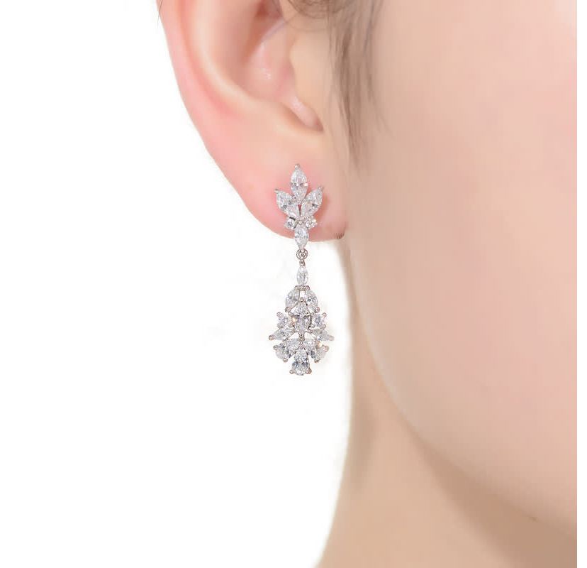 Lab Created Sterling Silver White Gold Plated with Clear Marquise, Pear, & Round Cubic Zirconia Cluster Earrings