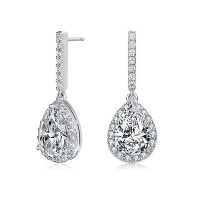 Rozzato Lab Created Sterling Silver White Gold Plated with Clear Pear Cubic Zirconia Linear Drop Earrings