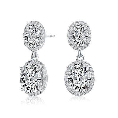 Rozzato Lab Created Sterling Silver White Gold Plated with Clear Oval & Round Cubic Zirconia Halo Drop Earrings