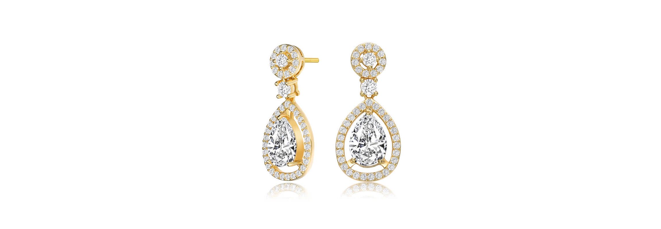 Lab Created Sterling Silver 14K Gold Plated with Clear Round Cubic Zirconia Pear Drop Earrings