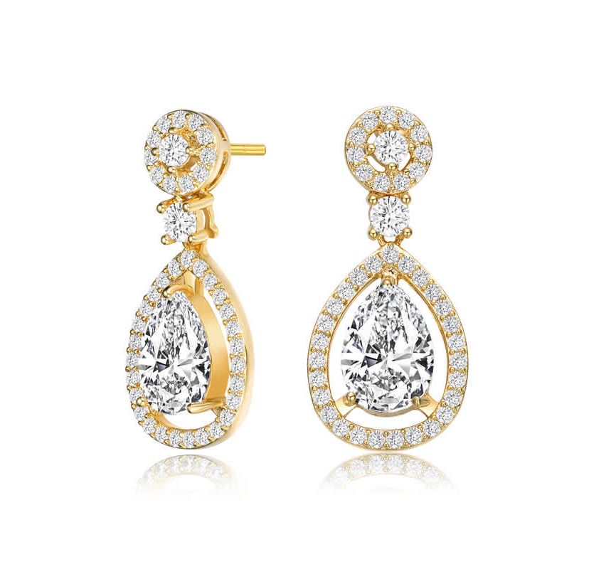 Lab Created Sterling Silver 14K Gold Plated with Clear Round Cubic Zirconia Pear Drop Earrings