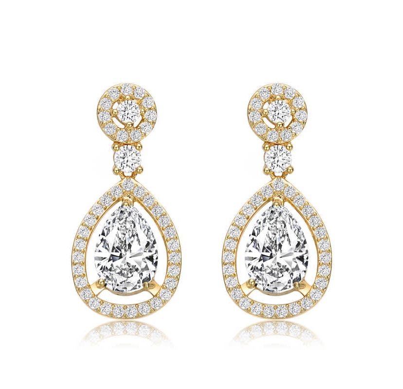 Lab Created Sterling Silver 14K Gold Plated with Clear Round Cubic Zirconia Pear Drop Earrings
