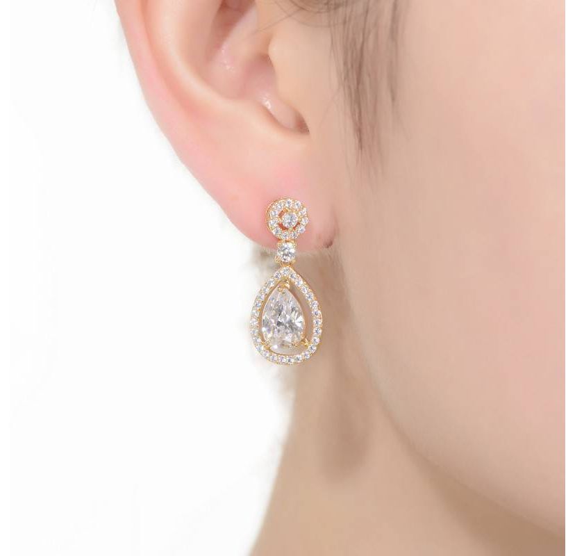 Lab Created Sterling Silver 14K Gold Plated with Clear Round Cubic Zirconia Pear Drop Earrings