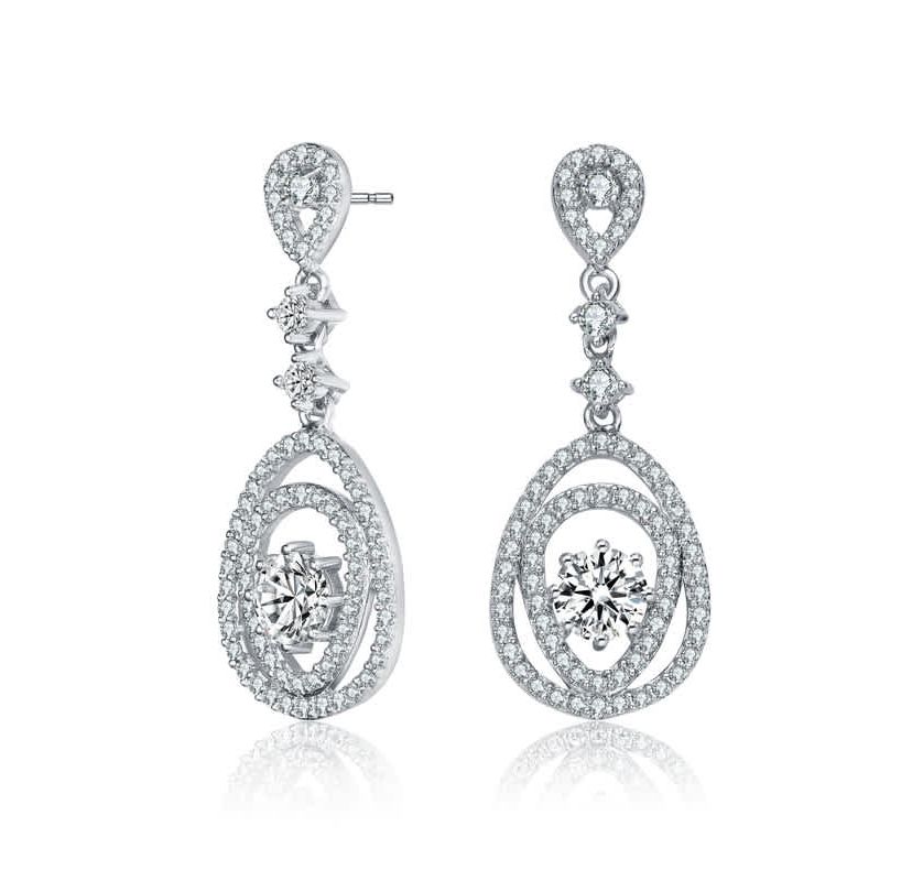 Lab Created Sterling Silver White Gold Plated with Clear Round Cubic Zirconia Double Pear Drop Earrings