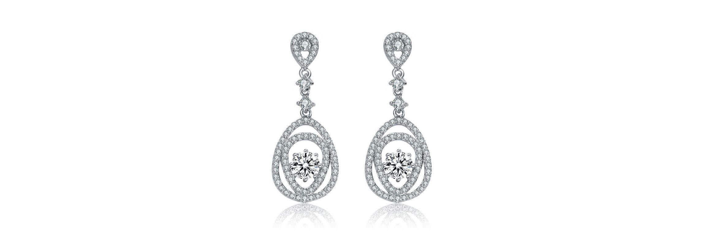 Lab Created Sterling Silver White Gold Plated with Clear Round Cubic Zirconia Double Pear Drop Earrings