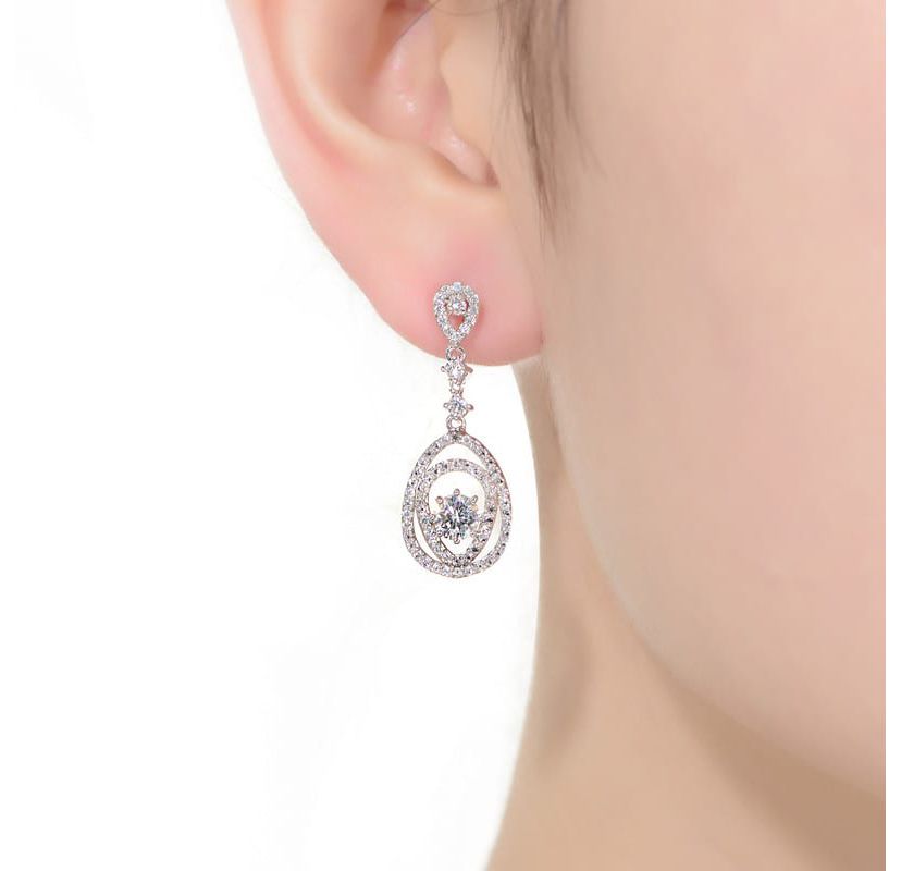Lab Created Sterling Silver White Gold Plated with Clear Round Cubic Zirconia Double Pear Drop Earrings