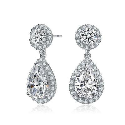 Rozzato Lab Created Sterling Silver White Gold Plated with Clear Pear & Round Cubic Zirconia Halo Drop Earrings