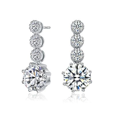 Rozzato Lab Created Sterling Silver White Gold Plated with Clear Round Cubic Zirconia Tier Drop Earrings