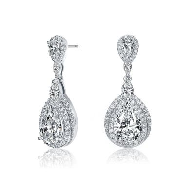 Rozzato Lab Created Sterling Silver White Gold Plated with Clear Cubic Zirconia Double Halo Dangle Earrings