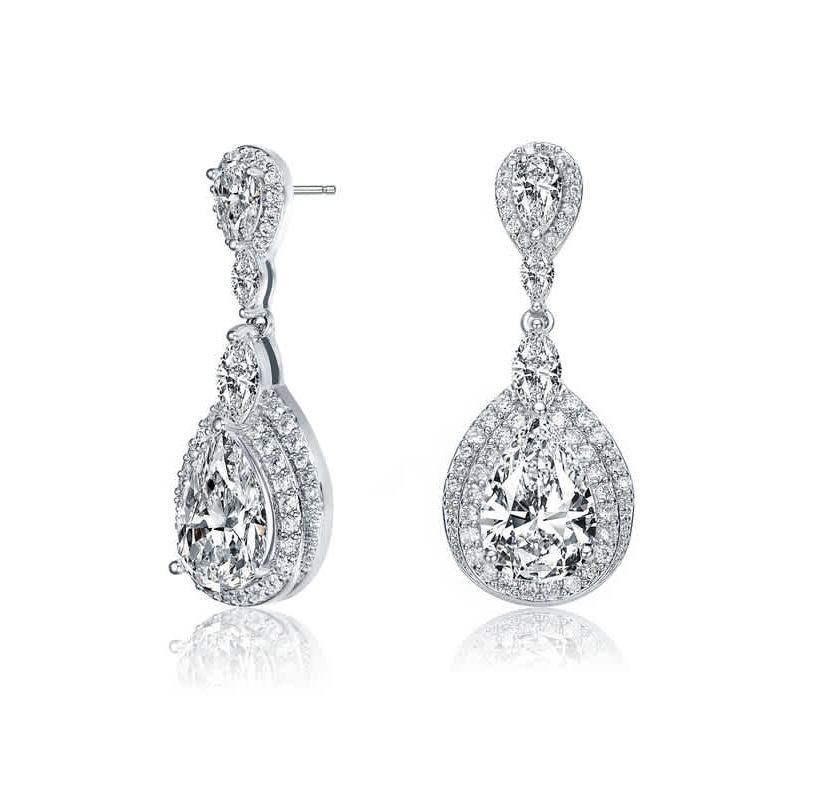 Lab Created Sterling Silver White Gold Plated with Clear Cubic Zirconia Double Halo Dangle Earrings