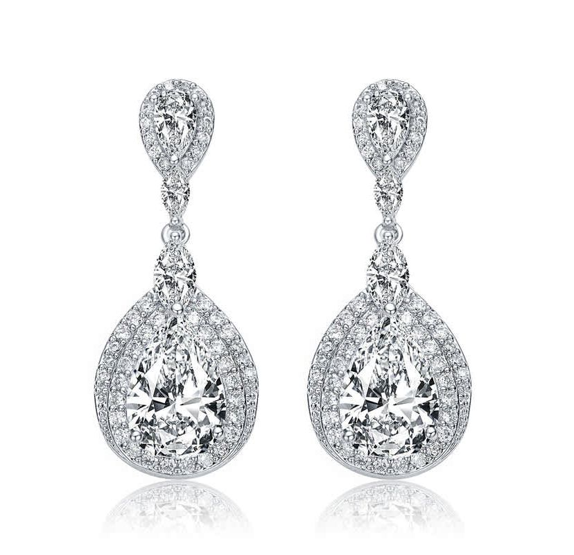 Lab Created Sterling Silver White Gold Plated with Clear Cubic Zirconia Double Halo Dangle Earrings