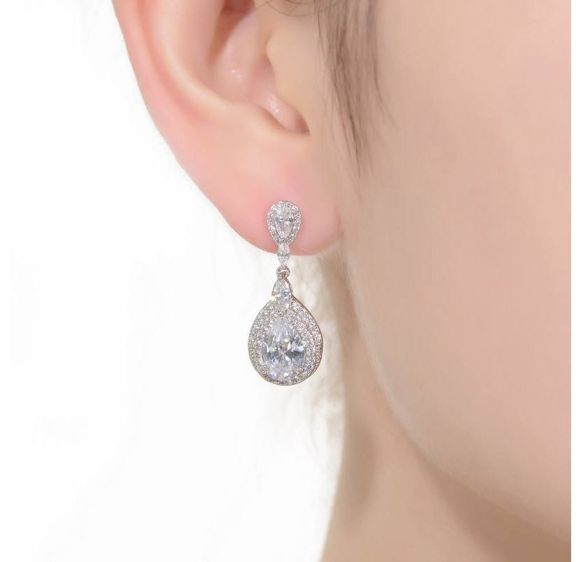 Lab Created Sterling Silver White Gold Plated with Clear Cubic Zirconia Double Halo Dangle Earrings