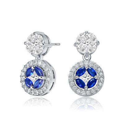 Rozzato Lab Created Sterling Silver White Gold Plated with Blue & Clear Cubic Zirconia Accent Drop Earrings