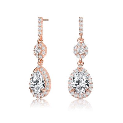 Rozzato Lab Created Sterling Silver 18K Rose Gold Plated with Clear Pear & Round Cubic Zirconia Accent Drop Earrings
