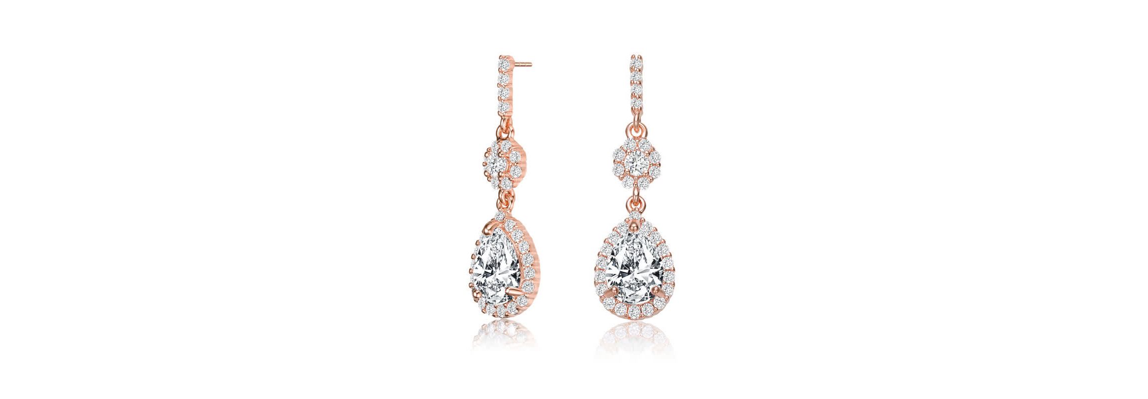Lab Created Sterling Silver 18K Rose Gold Plated with Clear Pear & Round Cubic Zirconia Accent Drop Earrings