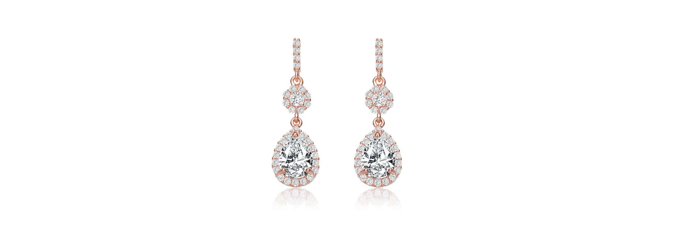 Lab Created Sterling Silver 18K Rose Gold Plated with Clear Pear & Round Cubic Zirconia Accent Drop Earrings