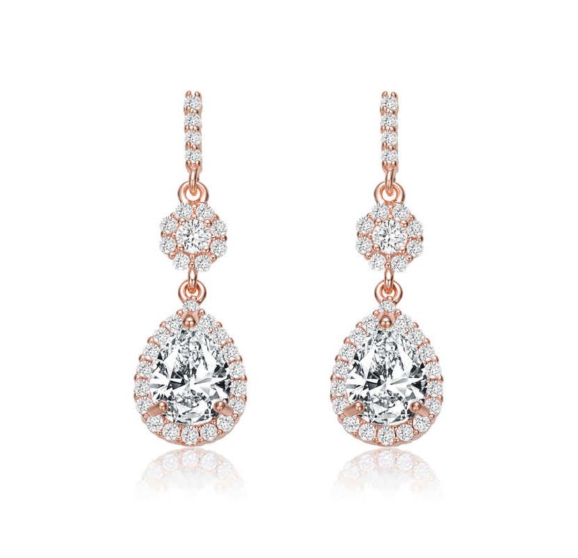 Lab Created Sterling Silver 18K Rose Gold Plated with Clear Pear & Round Cubic Zirconia Accent Drop Earrings