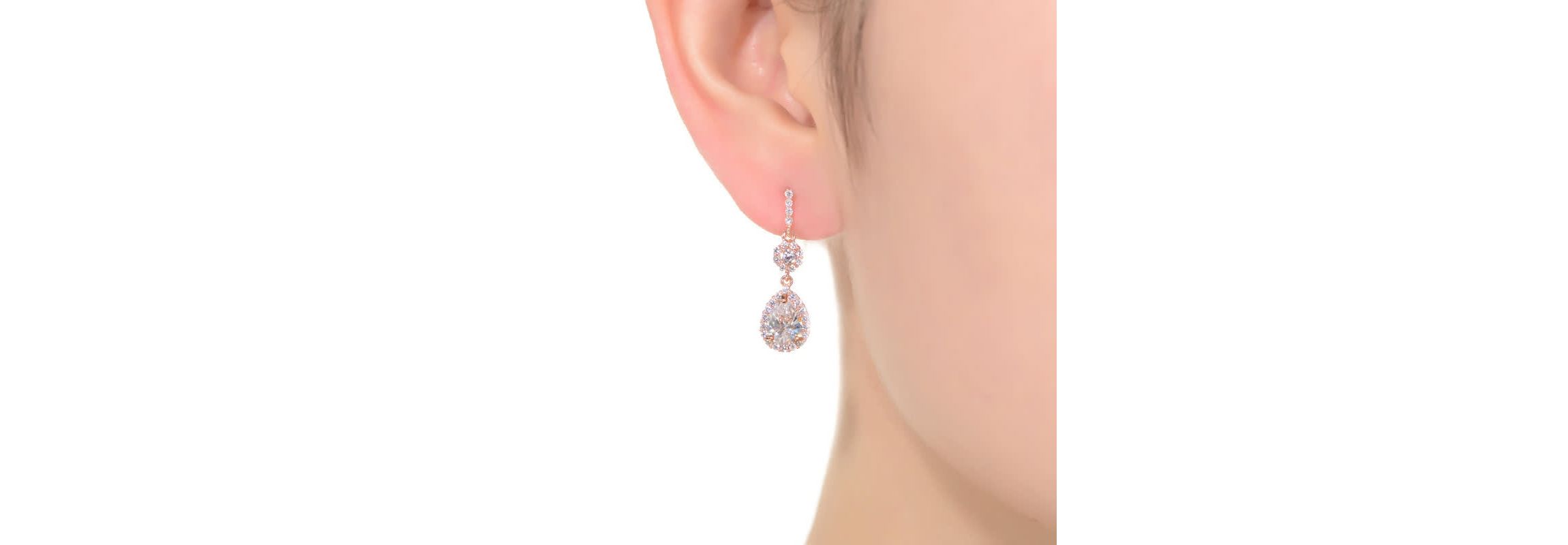 Lab Created Sterling Silver 18K Rose Gold Plated with Clear Pear & Round Cubic Zirconia Accent Drop Earrings