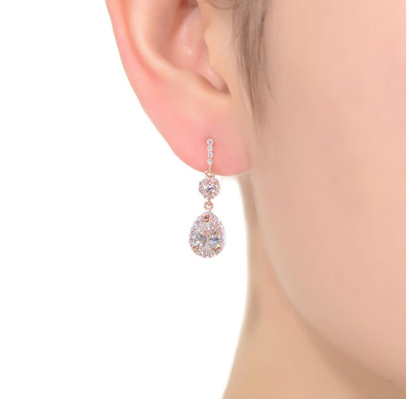Lab Created Sterling Silver 18K Rose Gold Plated with Clear Pear & Round Cubic Zirconia Accent Drop Earrings