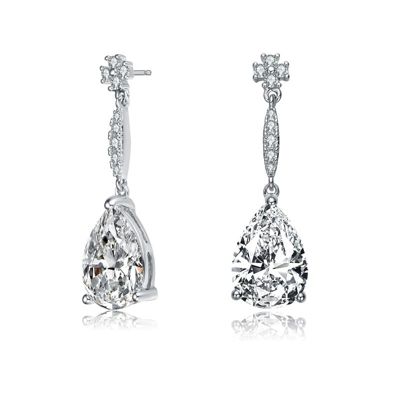 Rozzato Lab Created Sterling Silver White Gold Plated with Clear Pear Cubic Zirconia Drop Earrings