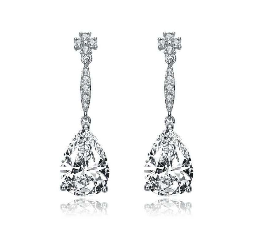 Lab Created Sterling Silver White Gold Plated with Clear Pear Cubic Zirconia Drop Earrings