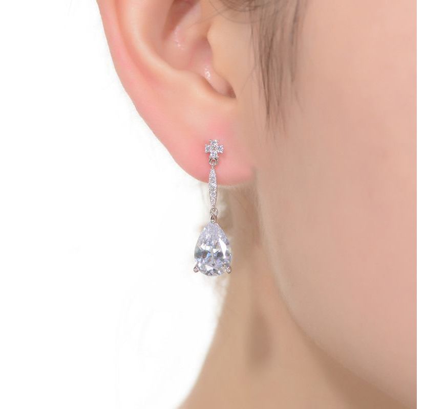 Lab Created Sterling Silver White Gold Plated with Clear Pear Cubic Zirconia Drop Earrings