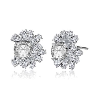 Rozzato Lab Created Sterling Silver 14K Gold Plated with Clear Cubic Zirconia Flower Cluster Stud Earrings