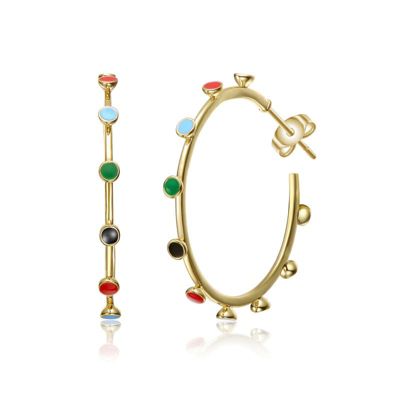 Rozzato Lab Created Sterling Silver 14K Gold Plated with Multi-Color Enamel C-Hoop Earrings