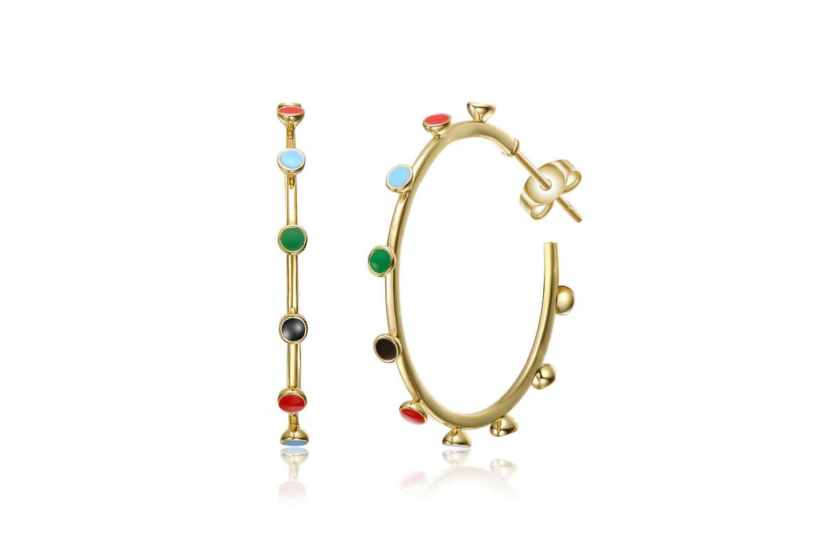 Lab Created Sterling Silver 14K Gold Plated with Multi-Color Enamel C-Hoop Earrings