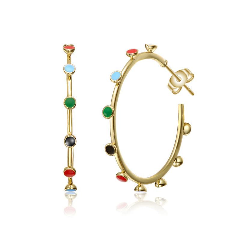 Lab Created Sterling Silver 14K Gold Plated with Multi-Color Enamel C-Hoop Earrings