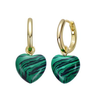 Rozzato Lab Created Sterling Silver 14K Gold Plated with Simulated Malachite Puffed Heart Dangle Earrings