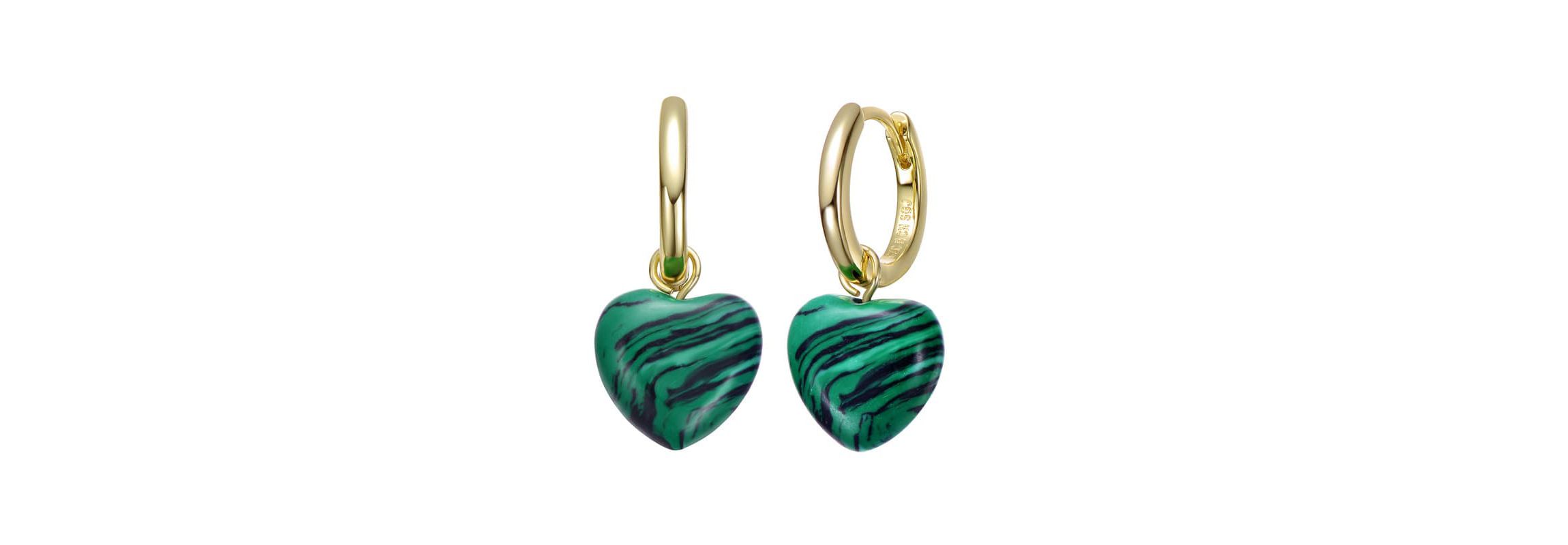Lab Created Sterling Silver 14K Gold Plated with Simulated Malachite Puffed Heart Dangle Earrings